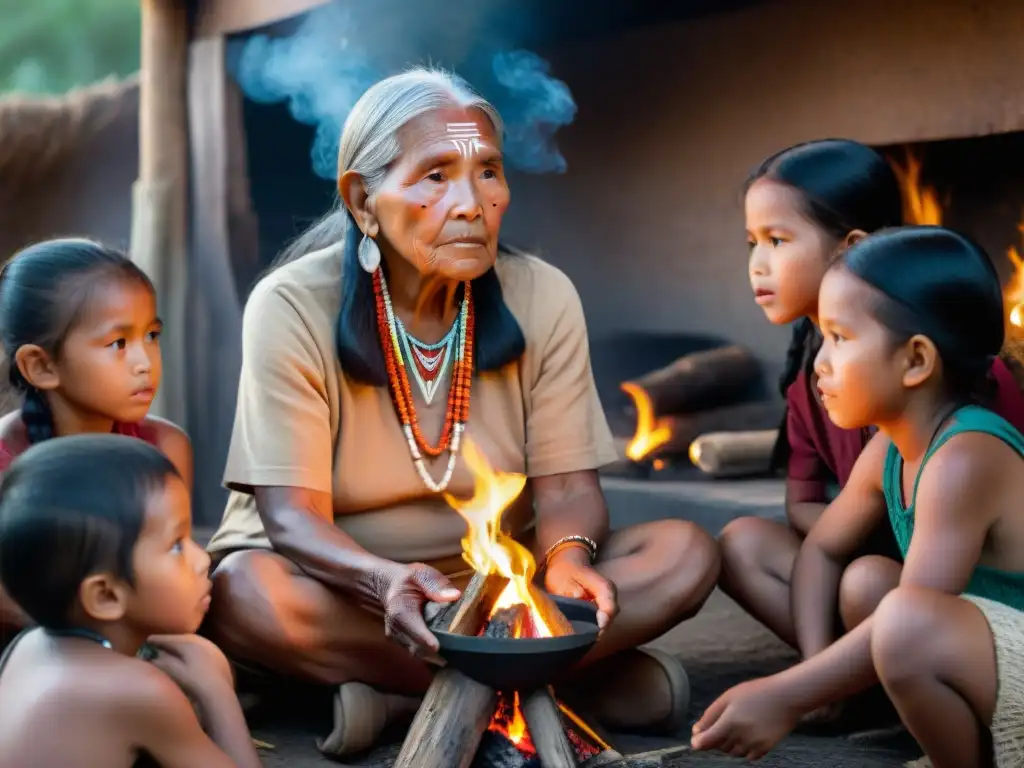 Una anciana indígena comparte cuentos antiguos alrededor del fuego con niños, transmitiendo juegos indígenas evolución