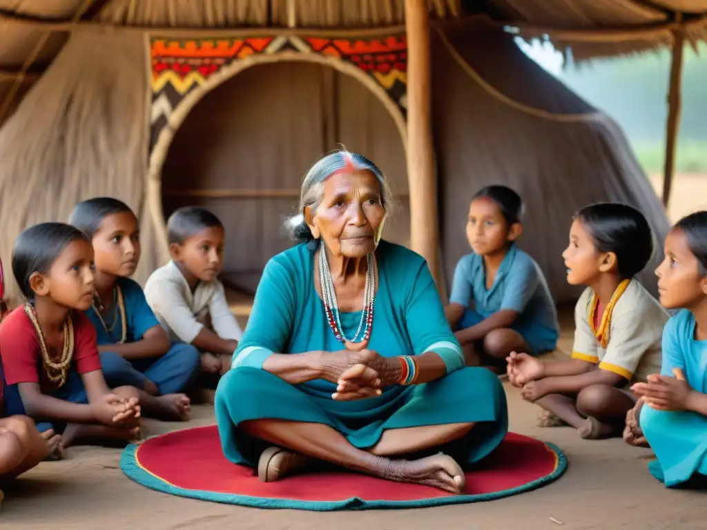 Anciana indígena comparte tradiciones con niños en círculo