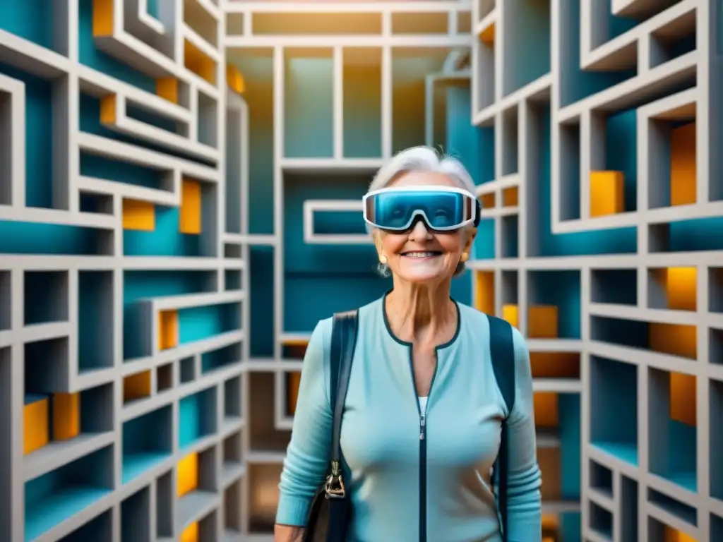 Desafío cognitivo: anciana resuelve acertijos con AR Anciana sonriente resolviendo acertijos en laberinto virtual con Realidad Aumentada en Habilidades Cognitivas