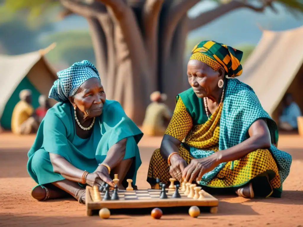 Dos ancianas africanas juegan damas bajo un baobab en un bullicioso mercado, evocando la evolución histórica y cultural del juego africano