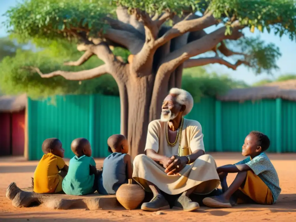 Anciano africano bajo baobab, cuentacuentos ante niños felices