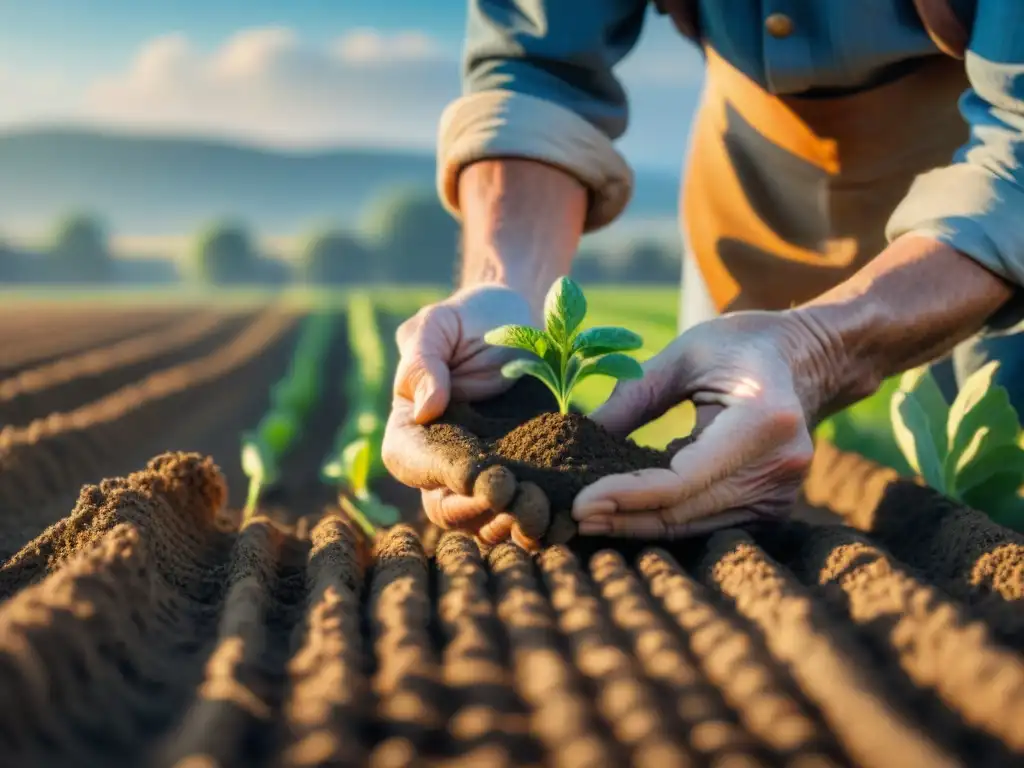 Un anciano agricultor planta semillas con destreza en un campo soleado