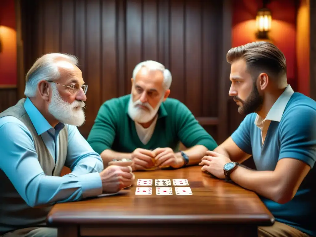 Un anciano de barba blanca juega Skat en taberna alemana con una joven y un hombre mayor