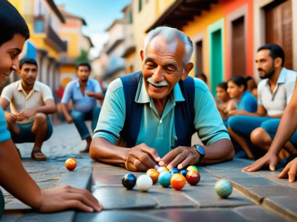 Un anciano juega expertamente a las canicas en un bullicioso mercado callejero latinoamericano, rodeado de niños entusiastas