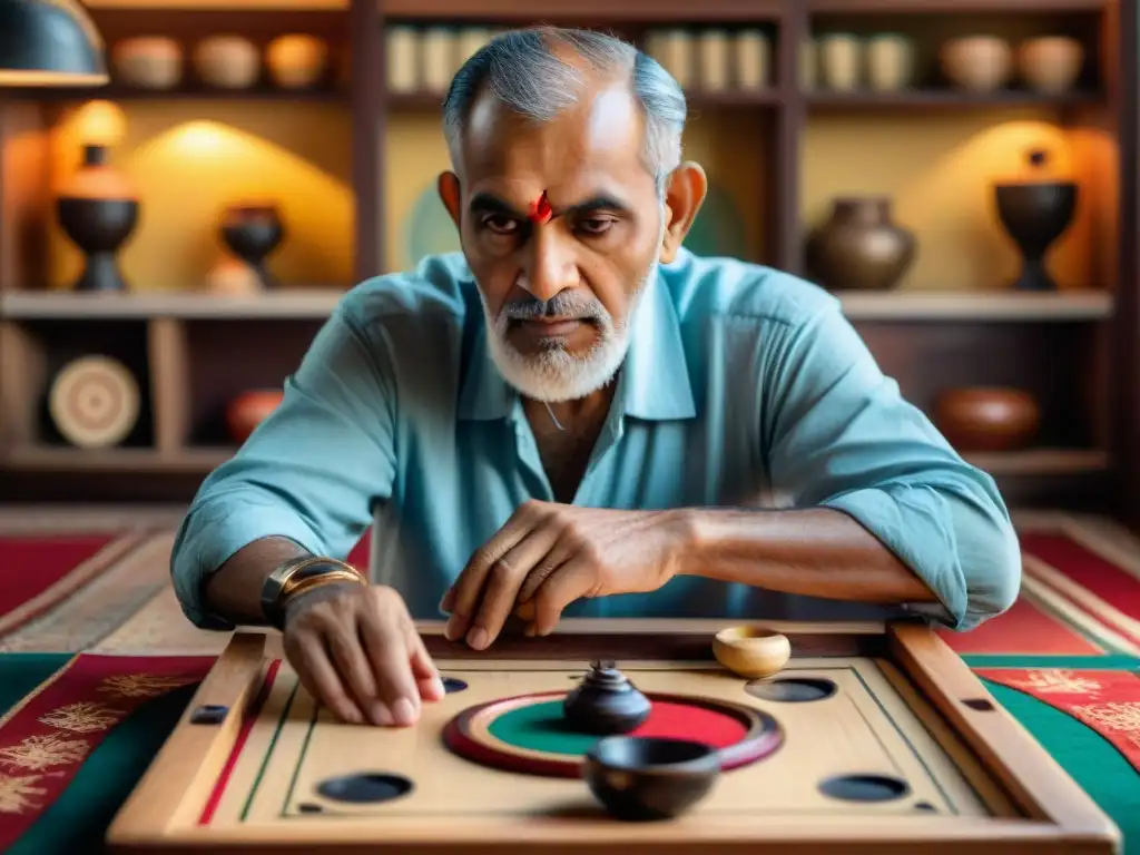 Un anciano concentrado en un juego de Carrom, rodeado de diversidad y tradición