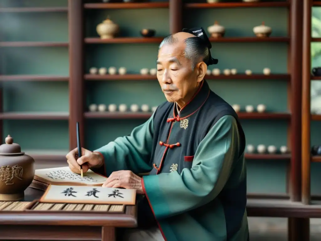 Un anciano maestro de caligrafía china concentrado en sus trazos en un jardín tradicional, rodeado de elementos antiguos