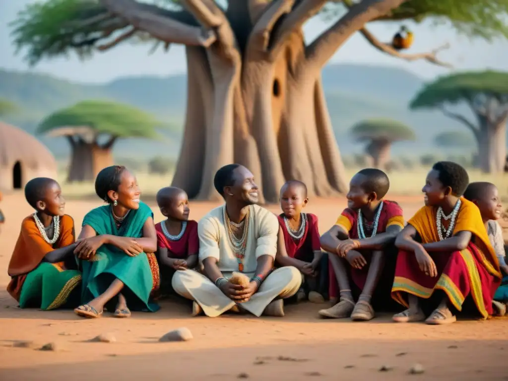 Un anciano con marcas faciales cuenta historias africanas a niños bajo un baobab