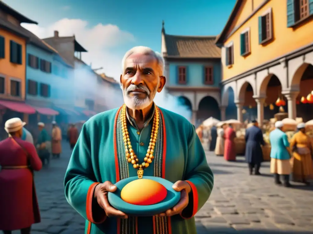 Un anciano en un mercado histórico muestra un juego tradicional con realidad aumentada a niños curiosos