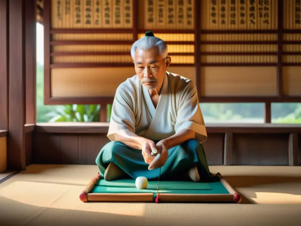 Un anciano sabio juega mahjong con una niña, iluminados por una linterna de papel