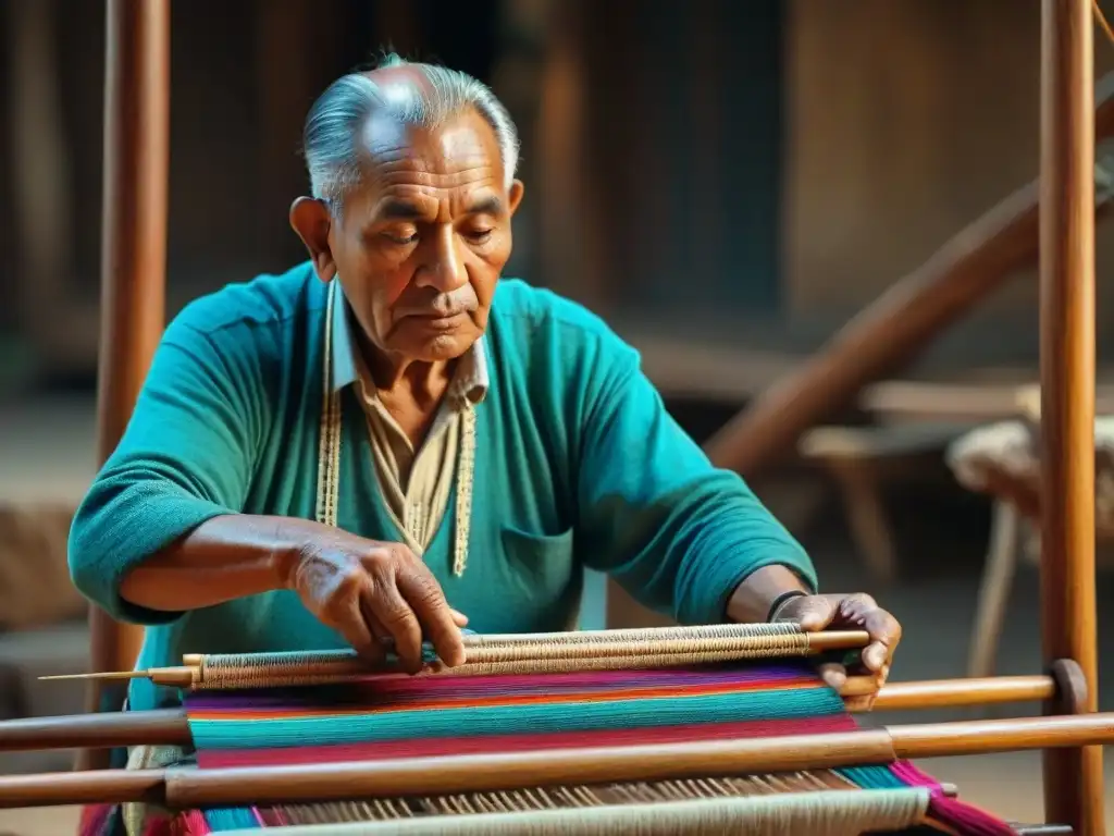 Un anciano tejedor maya crea con destreza un textil colorido en un telar de madera, rodeado de hilos vibrantes en un ambiente íntimo y melódico, mostrando la artesanía ancestral en contraste con el consumismo, en un momento atemporal de tradición y habilidad