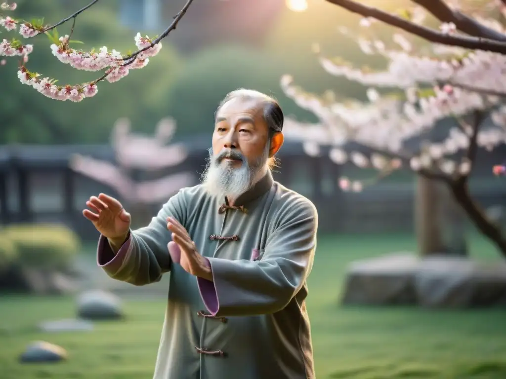 Un anciano practica Tai Chi al amanecer en un jardín tranquilo, rodeado de árboles de cerezo en flor