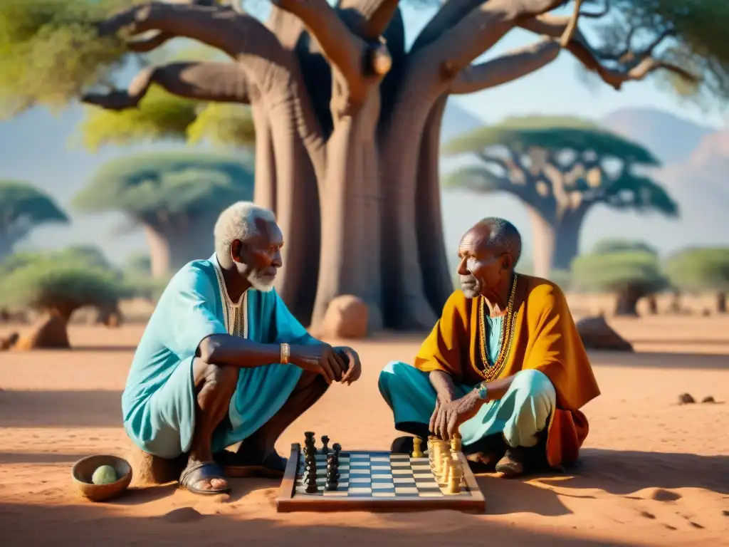 Dos ancianos africanos juegan damas bajo un baobab, evocando historia y tradición en un escenario de estrategia y sabiduría