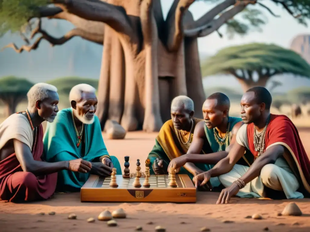 Ancianos africanos juegan estratégico bajo baobab con historia y cultura