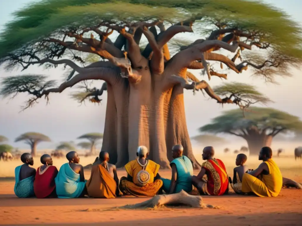 Ancianos africanos transmiten historias a niños bajo baobab al atardecer, ilustrando tradiciones culturales y sabiduría