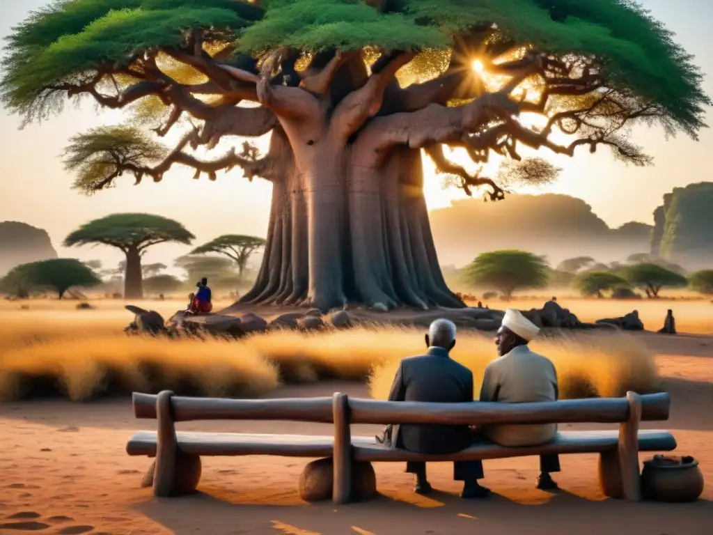 Dos ancianos juegan Ayoayo bajo un baobab al atardecer en África Occidental