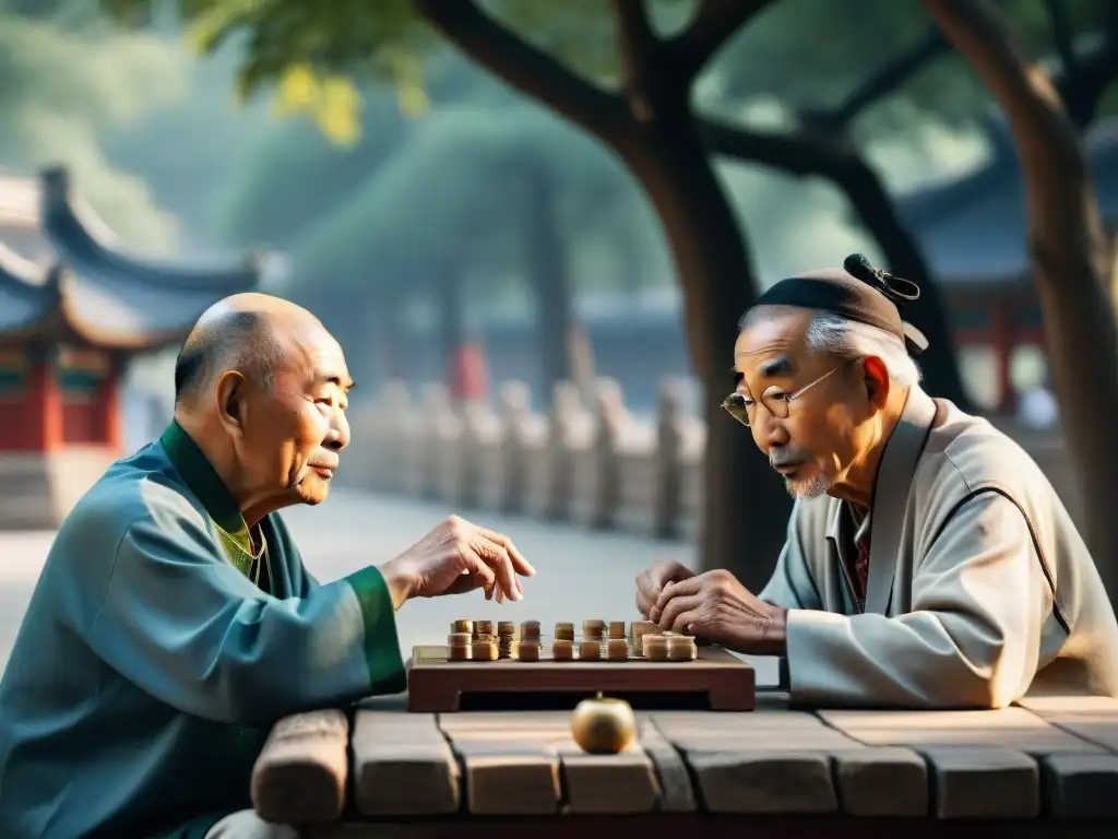 Dos ancianos chinos juegan ajedrez Xiangqi bajo un árbol centenario en un parque de Beijing, transmitiendo historia, estrategia y tradición