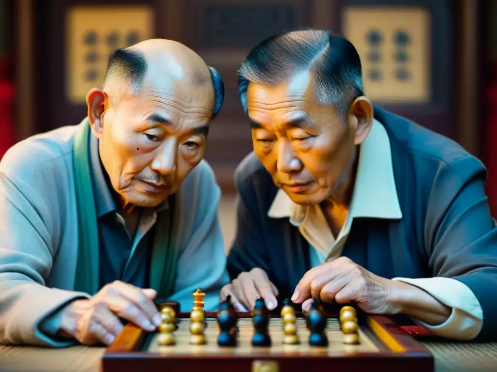 Dos ancianos chinos juegan una partida intensa de Xiangqi en un escenario tradicional, reflejando la historia y la evolución de los juegos de culturas