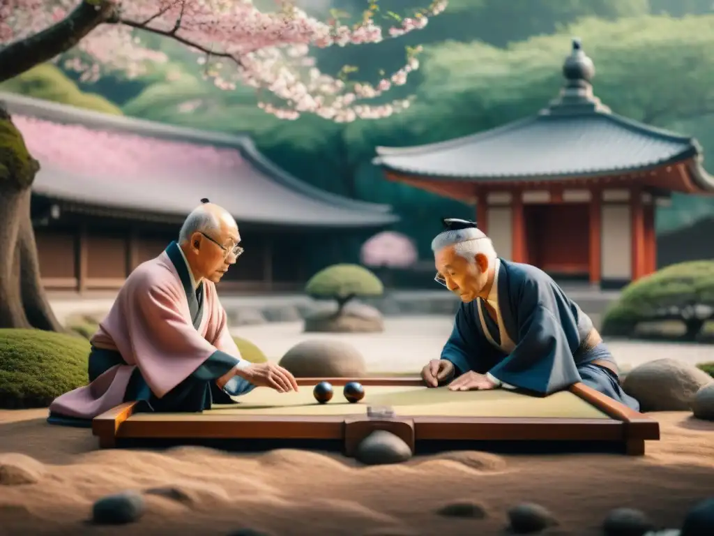 Dos ancianos concentrados juegan Go en un jardín japonés tradicional, rodeados de cerezos en flor