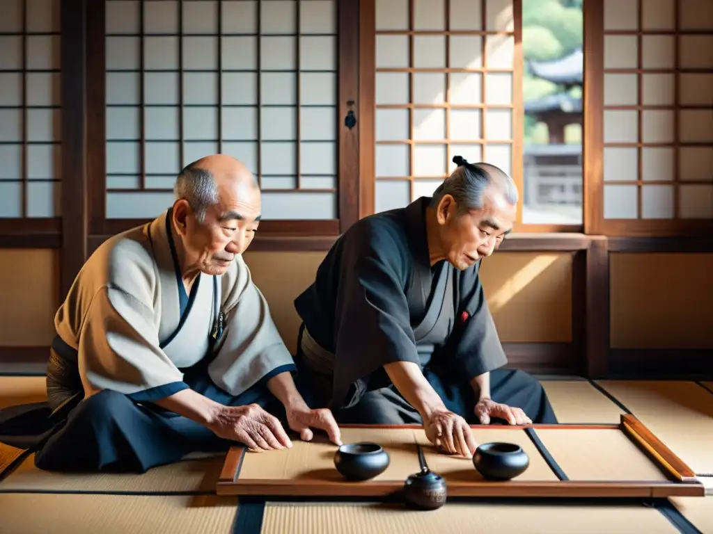 Dos ancianos concentrados en una partida de Go en una casa de té japonesa, rodeados de tableros antiguos y pergaminos