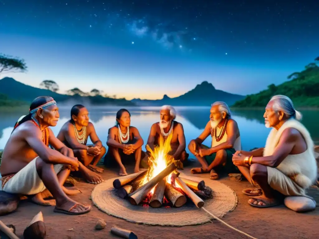 Ancianos indígenas comparten historias alrededor del fuego, en una escena llena de cultura y tradición