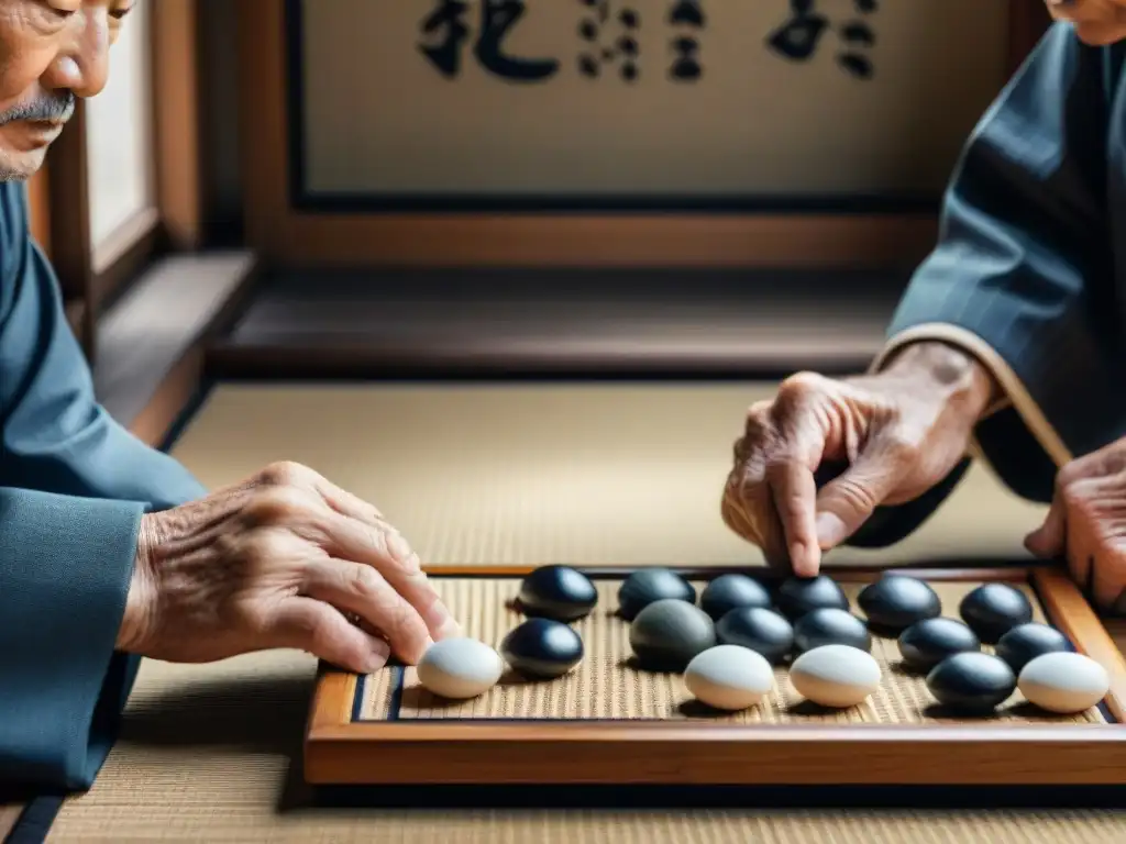 Dos ancianos japoneses juegan Go en una sala serena, reflejando la historia de juegos, deportes y culturas globales