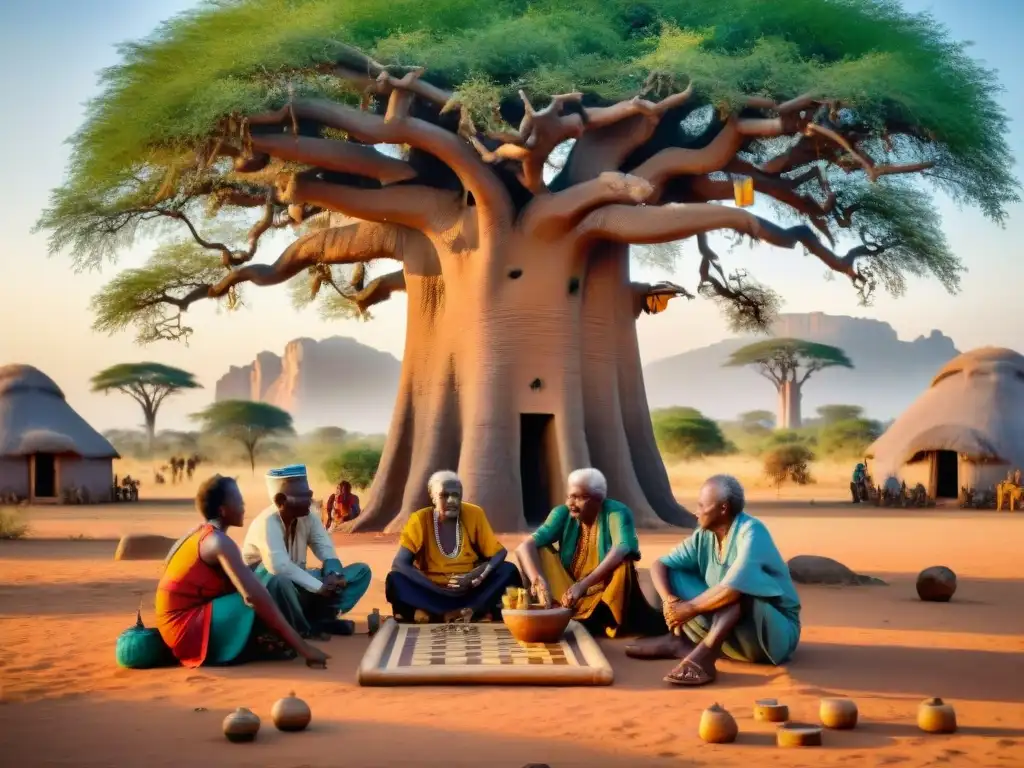 Ancianos disfrutan juego africano bajo baobab, reflejando la importancia de los sueños en juegos africanos