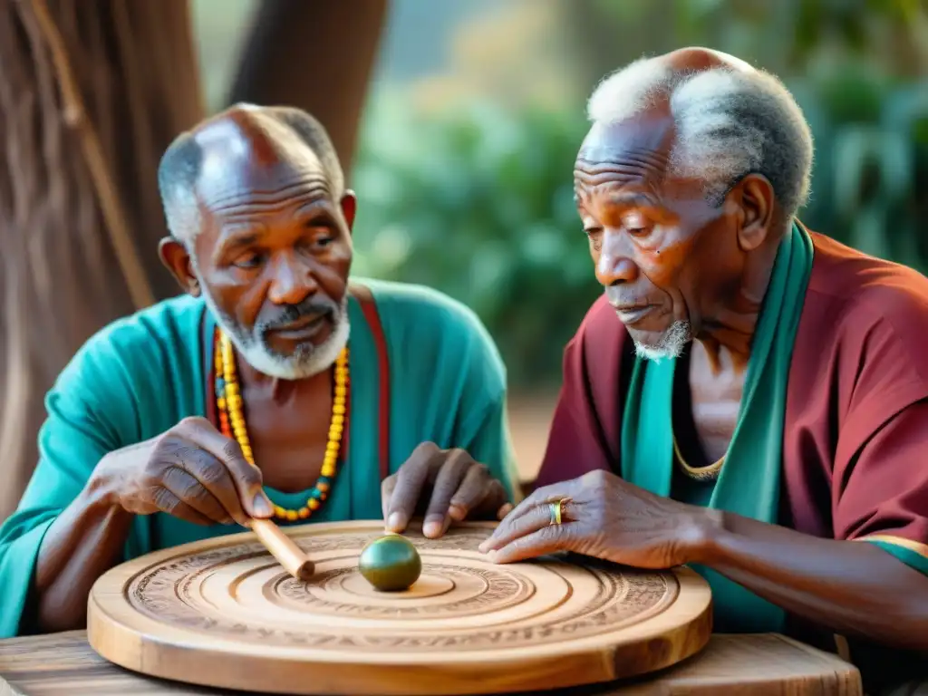 Dos ancianos sudafricanos juegan Morabaraba bajo un árbol de acacia, mostrando concentración y camaradería