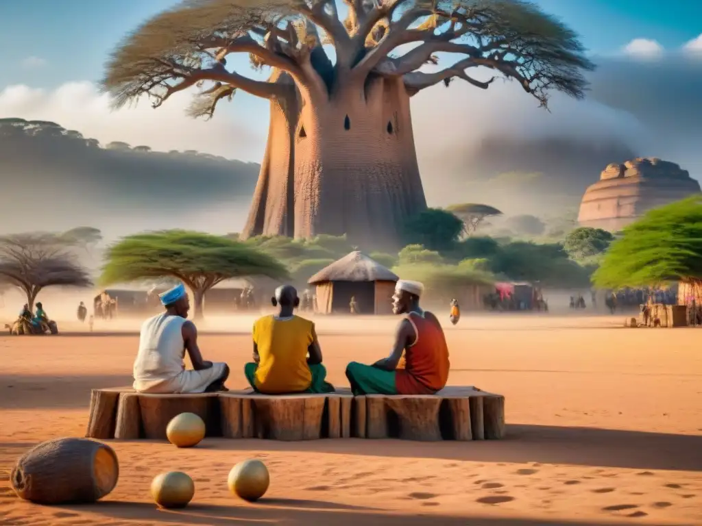 Dos ancianos sudafricanos juegan Morabaraba bajo un baobab, rodeados de una bulliciosa plaza