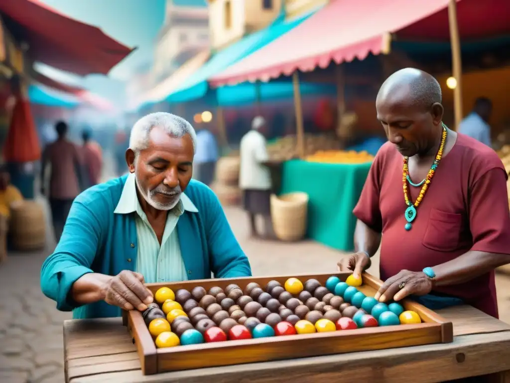 Dos ancianos juegan en un tablero de Mancala en un mercado africano, rodeados de curiosos