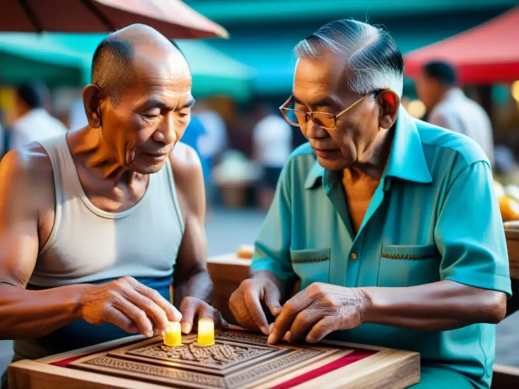 Dos ancianos tailandeses juegan Makruk en un mercado de Bangkok, resaltando la importancia cultural del ajedrez tailandés