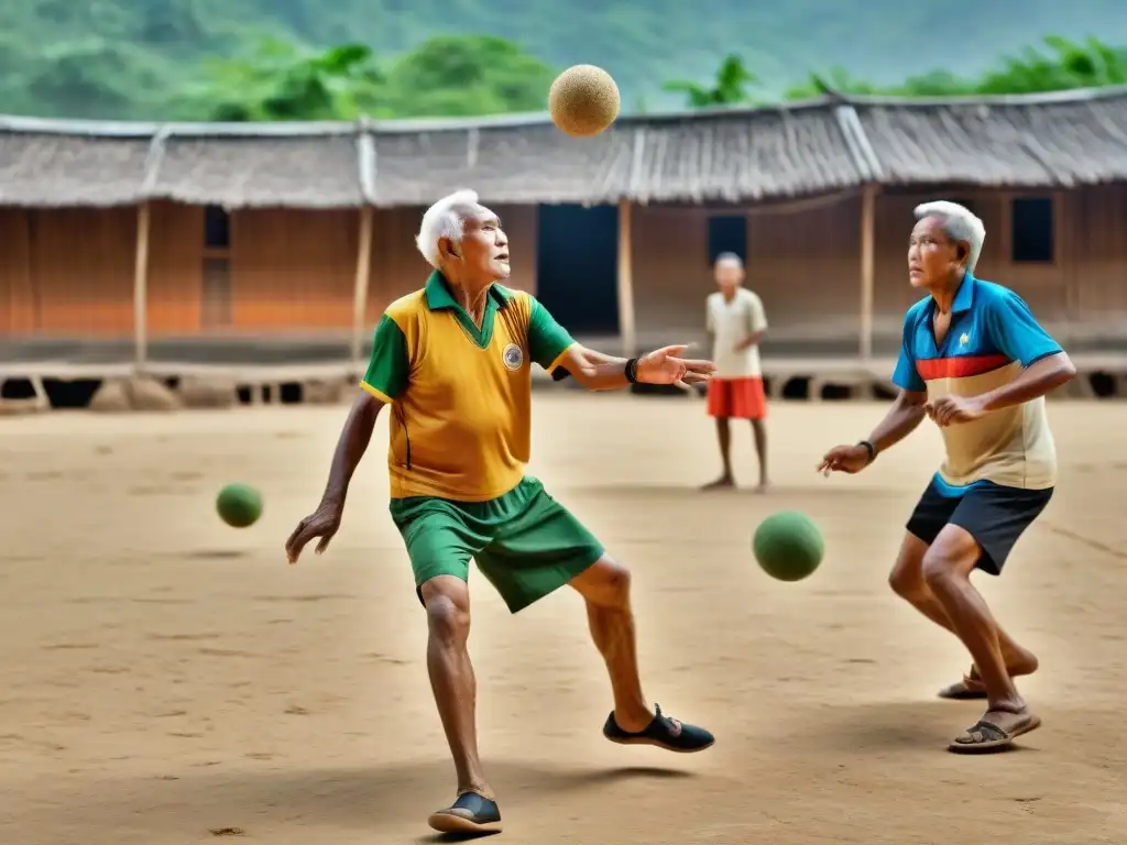 Ancianos jugando Sepak Takraw en una aldea rural del Sudeste, mostrando la rica historia del deporte