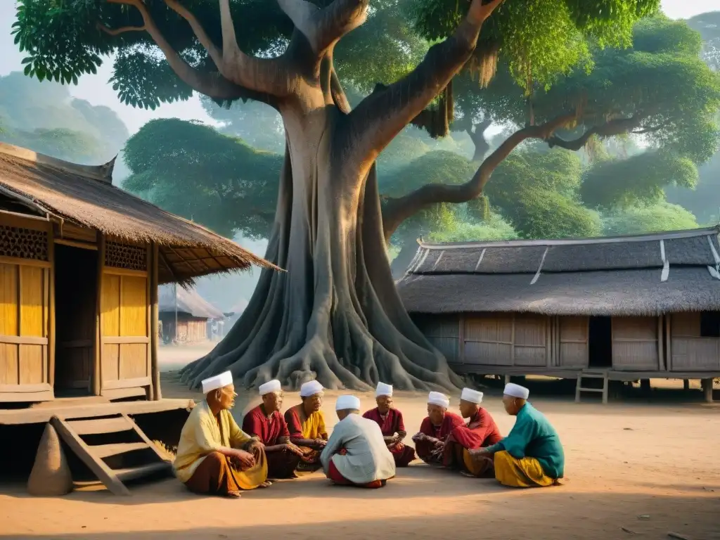 Ancianos en trajes tradicionales juegan Chinlone bajo un árbol de baniano gigante en Myanmar, mostrando la esencia y tradición del deporte