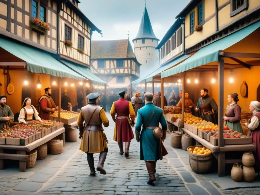 Una animada ilustración de un bullicioso mercado medieval con juegos, entretenimiento y deportes