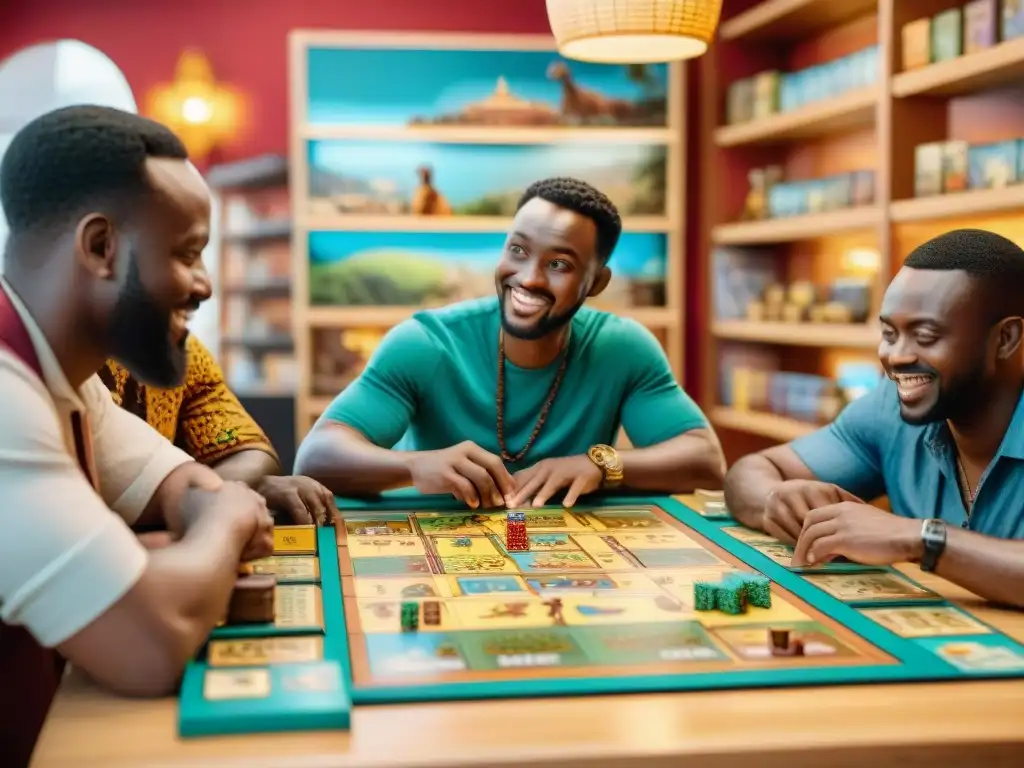 Una animada cafetería de juegos de mesa temática africana en una bulliciosa ciudad, con estanterías repletas de juegos modernos con motivos africanos como vida salvaje, paisajes y motivos culturales