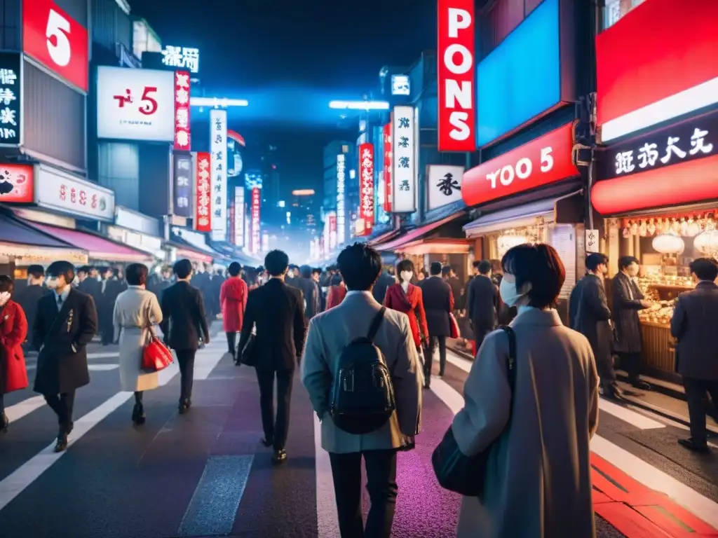 Una animada calle de Tokio de noche, fusionando arquitectura tradicional con luces de neón modernas