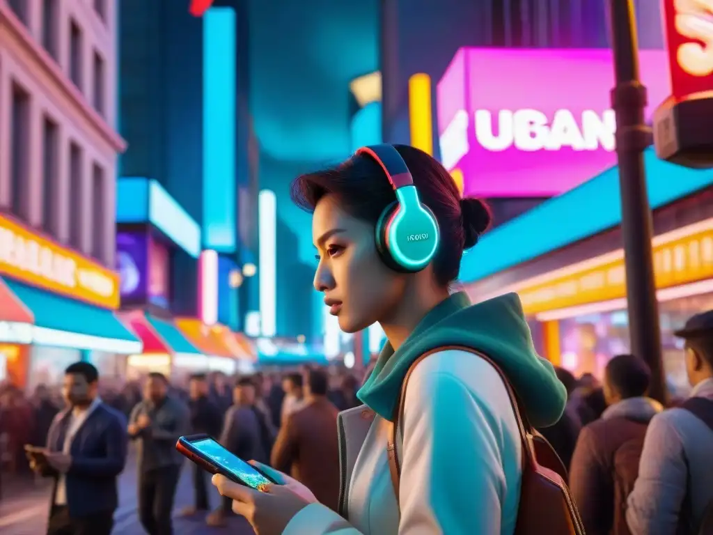 Escena urbana: impacto de los juegos móviles en la cultura pop Una animada calle de la ciudad llena de personas de todas las edades y orígenes, inmersas en sus dispositivos móviles, reflejando la influencia de los juegos móviles en la cultura pop contemporánea