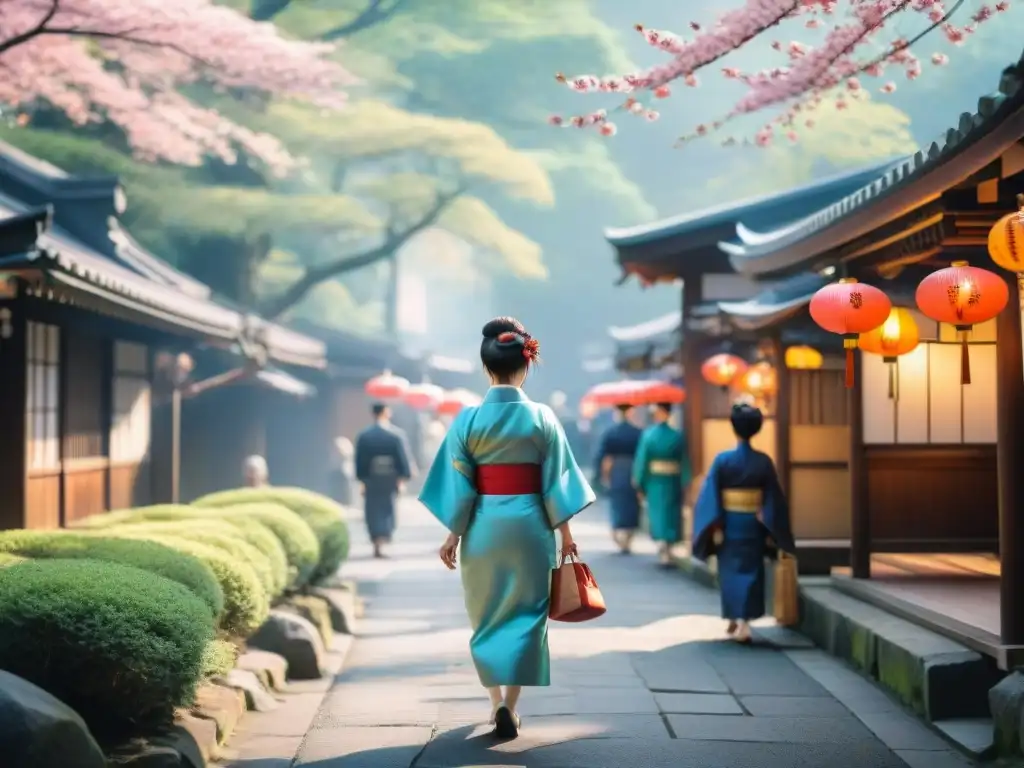 Festival Hanami en Kyoto: tradición y alegría bajo los cerezos en flor Animada calle de Kyoto durante el festival Hanami, con gente en kimonos y yukatas bajo cerezos en flor