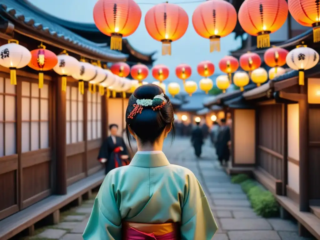 Una animada calle japonesa durante el festival Kanjincho, con juegos antiguos y kimonos vibrantes