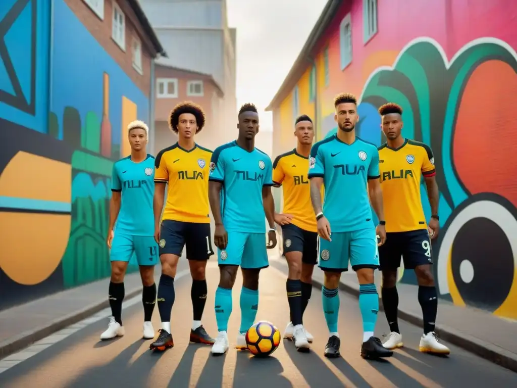 Una animada calle urbana con jóvenes vistiendo camisetas de fútbol vintage, moda callejera y zapatillas modernas