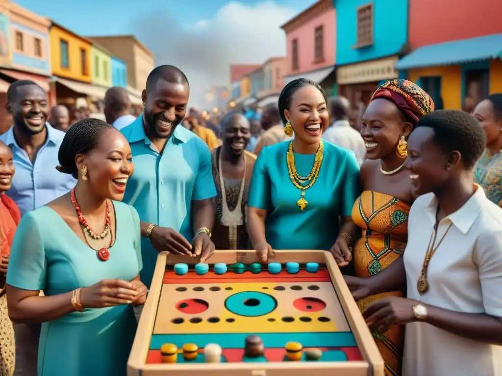 Una animada escena callejera en una comunidad de la diáspora africana, con juegos tradicionales como Mancala y Ayo