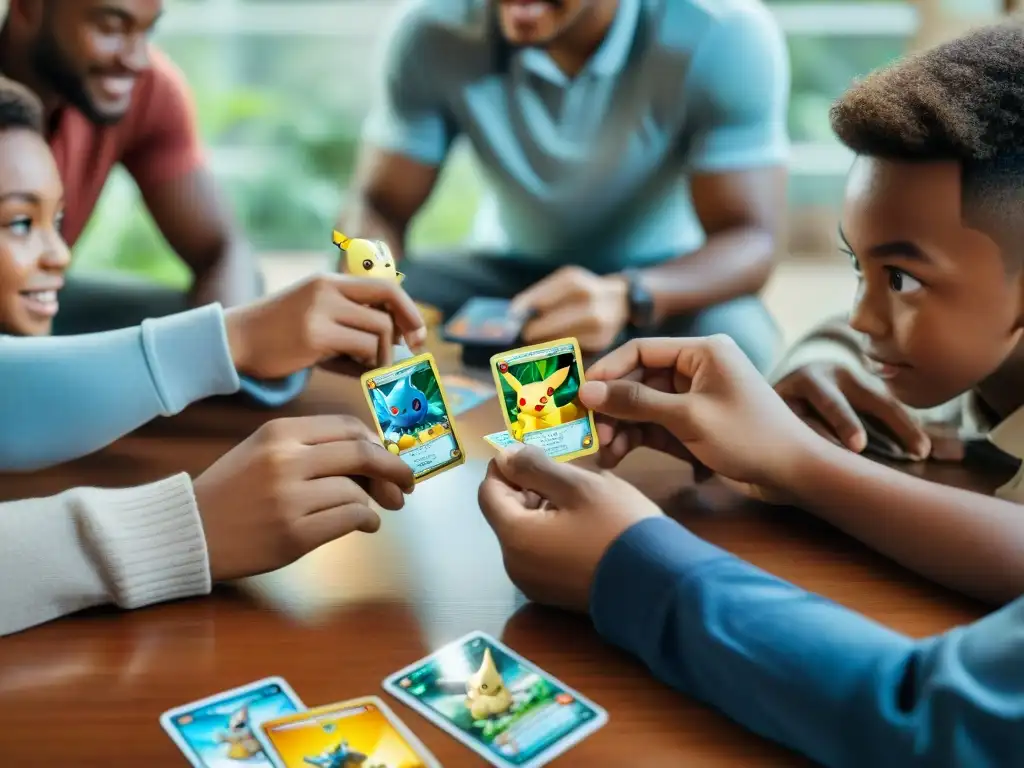 Una animada escena de niños diversos intercambiando cartas Pokémon, reflejando la importancia cultural del juego y la amistad