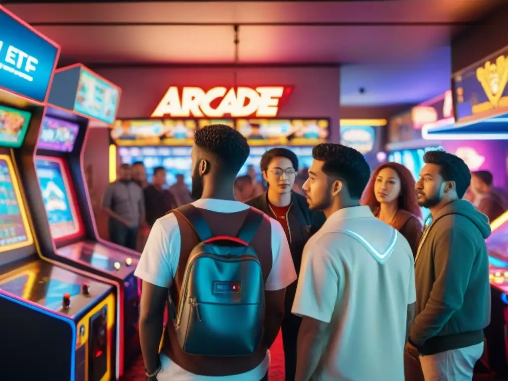 Una animada escena en un salón recreativo con gente de todas las edades y etnias disfrutando de videojuegos