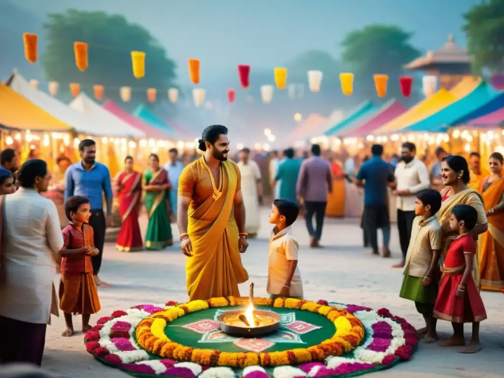 Celebración animada en un mercado de Diwali con juegos tradicionales y coloridos