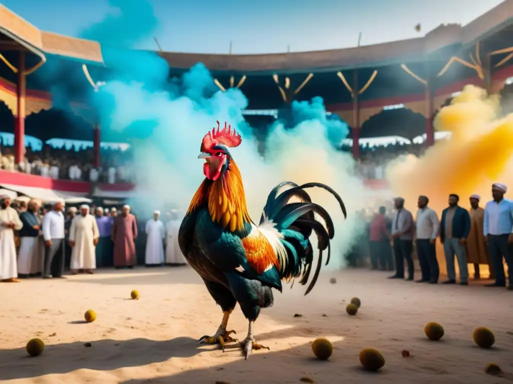 Animada pelea de gallos en bullicioso mercado del Medio Oriente, reflejando la rica historia de las peleas de gallos en la región