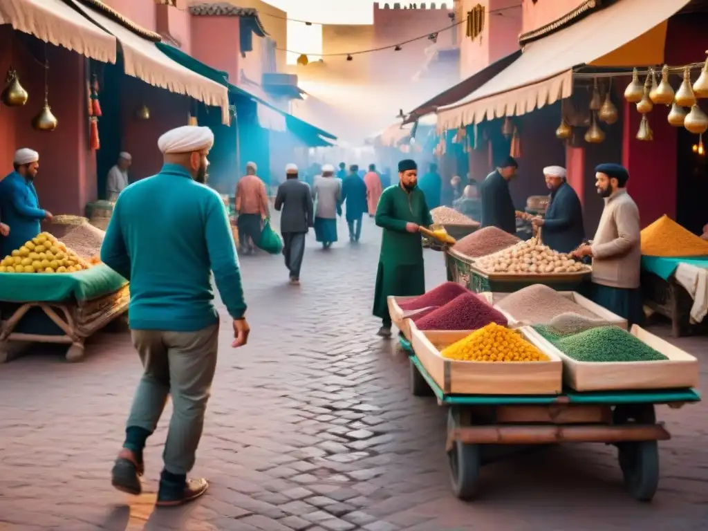 Una animada plaza en Marrakech, Marruecos, con juegos tradicionales y coloridos puestos bajo el cálido atardecer