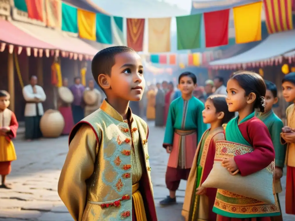 Un animado encuentro de niños de diferentes edades y culturas en juegos tradicionales, celebrando la diversidad y la historia de las culturas