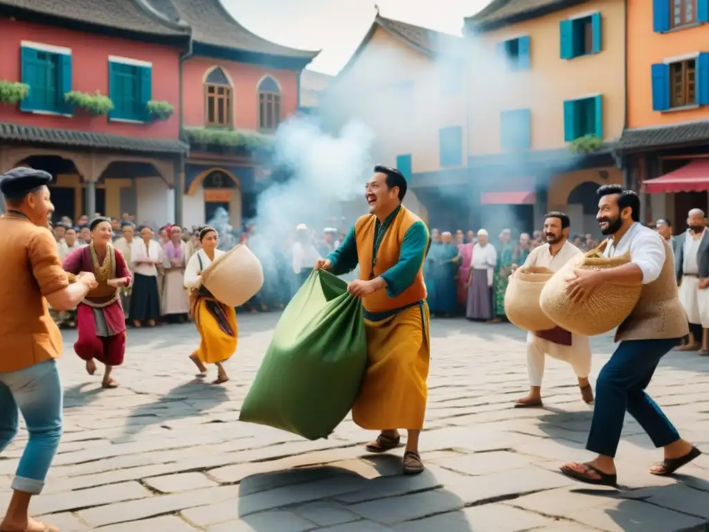 Juegos tradicionales en plaza bulliciosa Un animado festival con juegos tradicionales y colores vibrantes en una plaza llena de gente de todas las edades