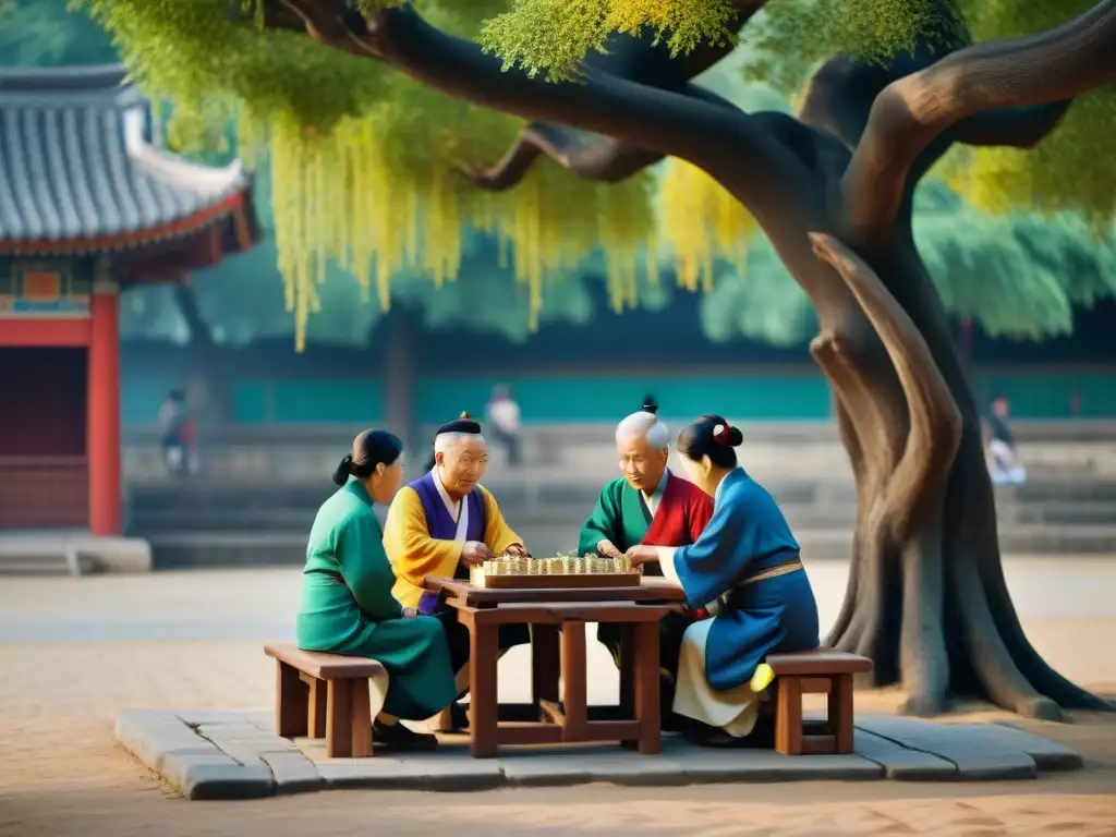 Un animado juego de mahjong entre ancianos con atuendos tradicionales bajo un árbol centenario en una plaza asiática moderna