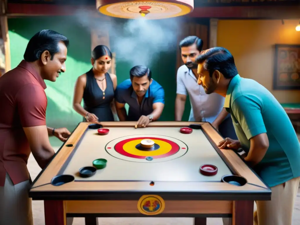 Un animado juego de Carrom en un mercado asiático lleno de gente de diferentes culturas y edades