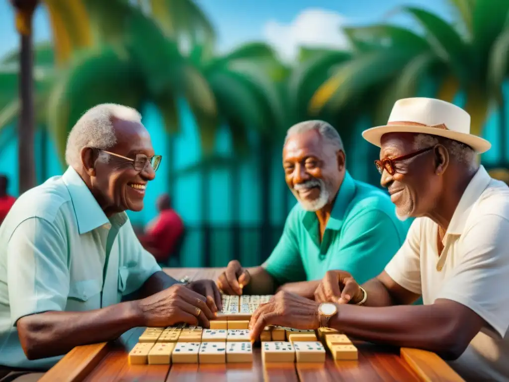 Un animado juego de dominó entre hombres caribeños mayores en un parque vibrante